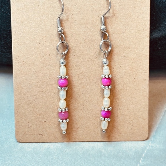 Stainless Steel Dangle Earrings Freshwater Pearls & Crackle Quartz Hand Made - Picture 3 of 11